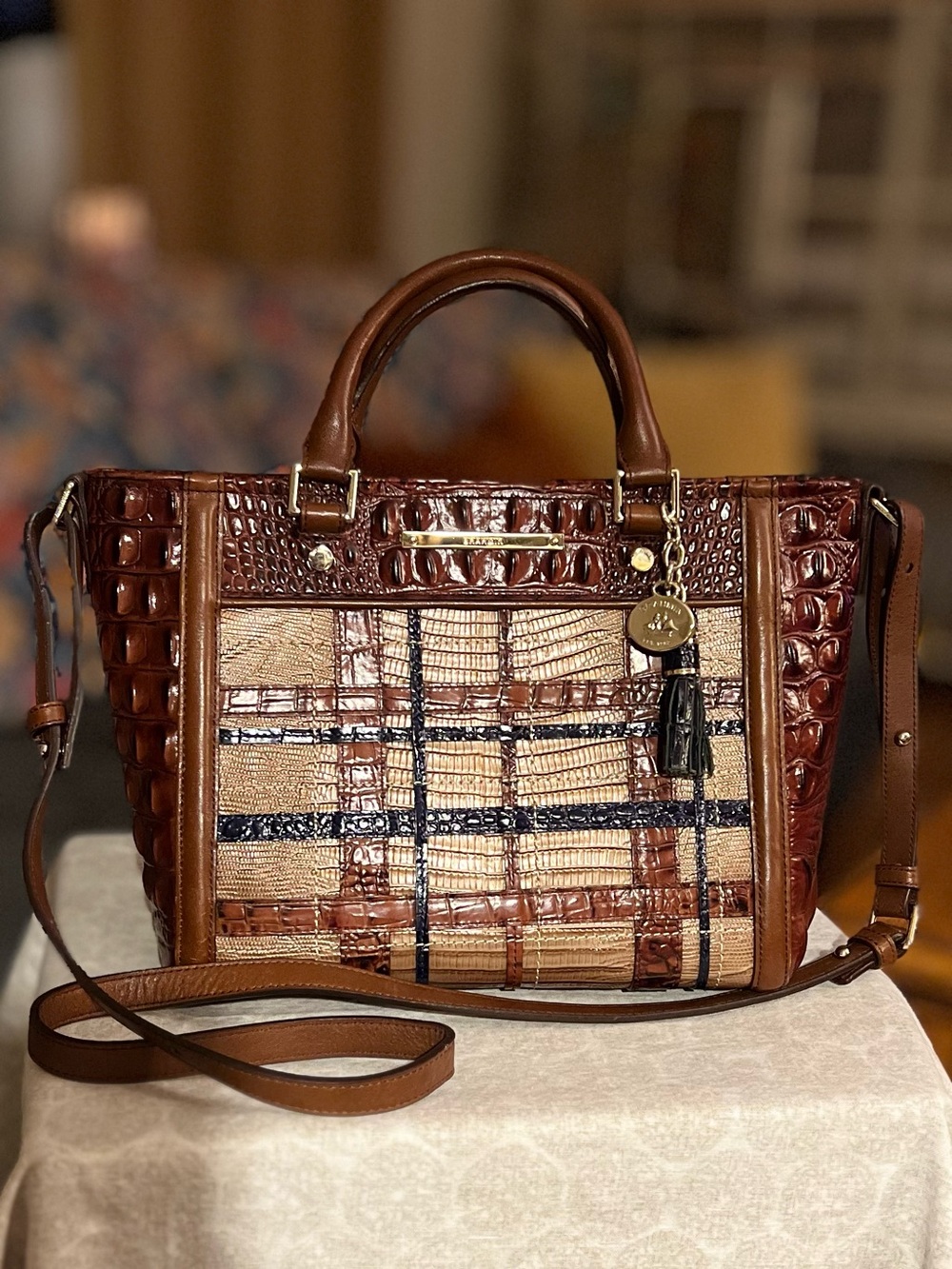 Brahmin Mini Arno Satchel In Canterbury Faux Lizard Leather and Pecan Melbourne